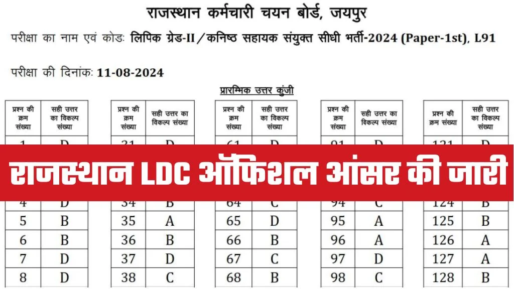 राजस्थान एलडीसी ऑफिशल आंसर की जारी यहां से डाउनलोड करें