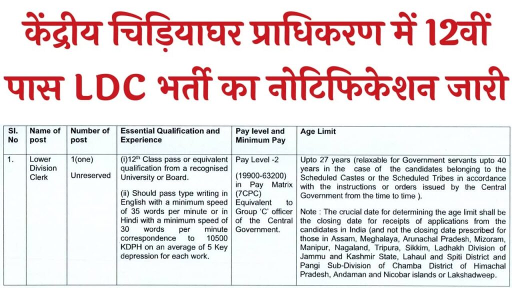 केंद्रीय चिड़ियाघर प्राधिकरण में 12वीं पास एलडीसी भर्ती का नोटिफिकेशन जारी